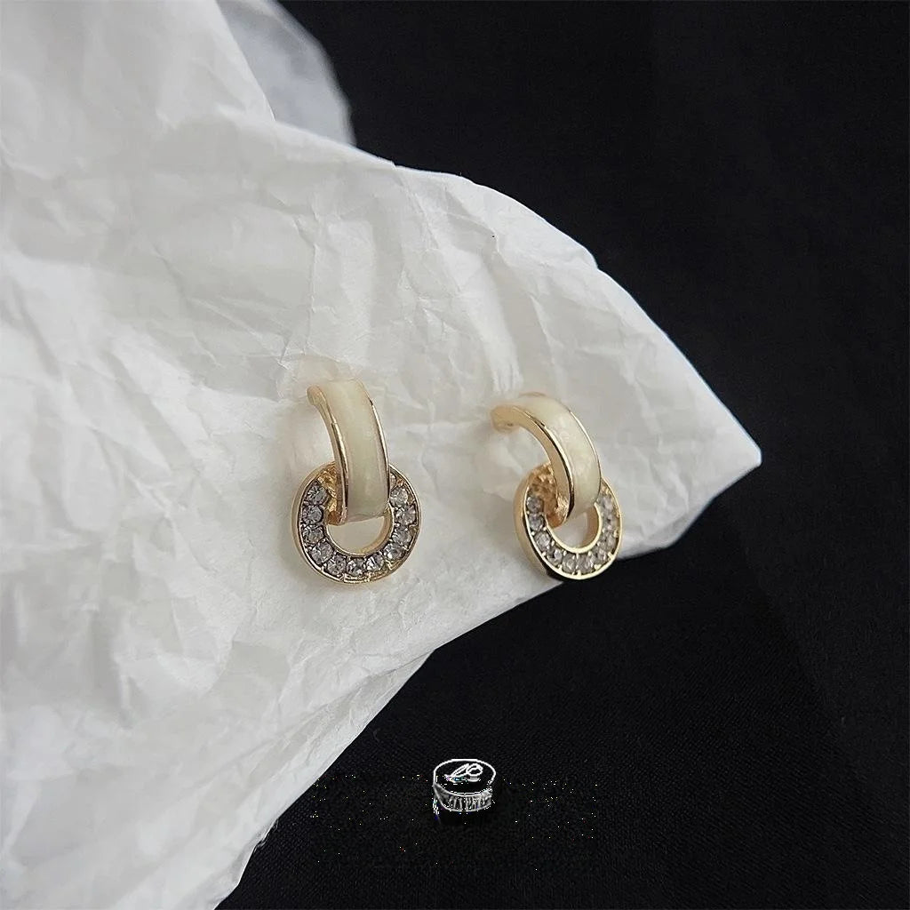 French Vintage Enamel Glaze Copper C Hoop Drop Earrings Geometric Round Rhinestone Jewelry