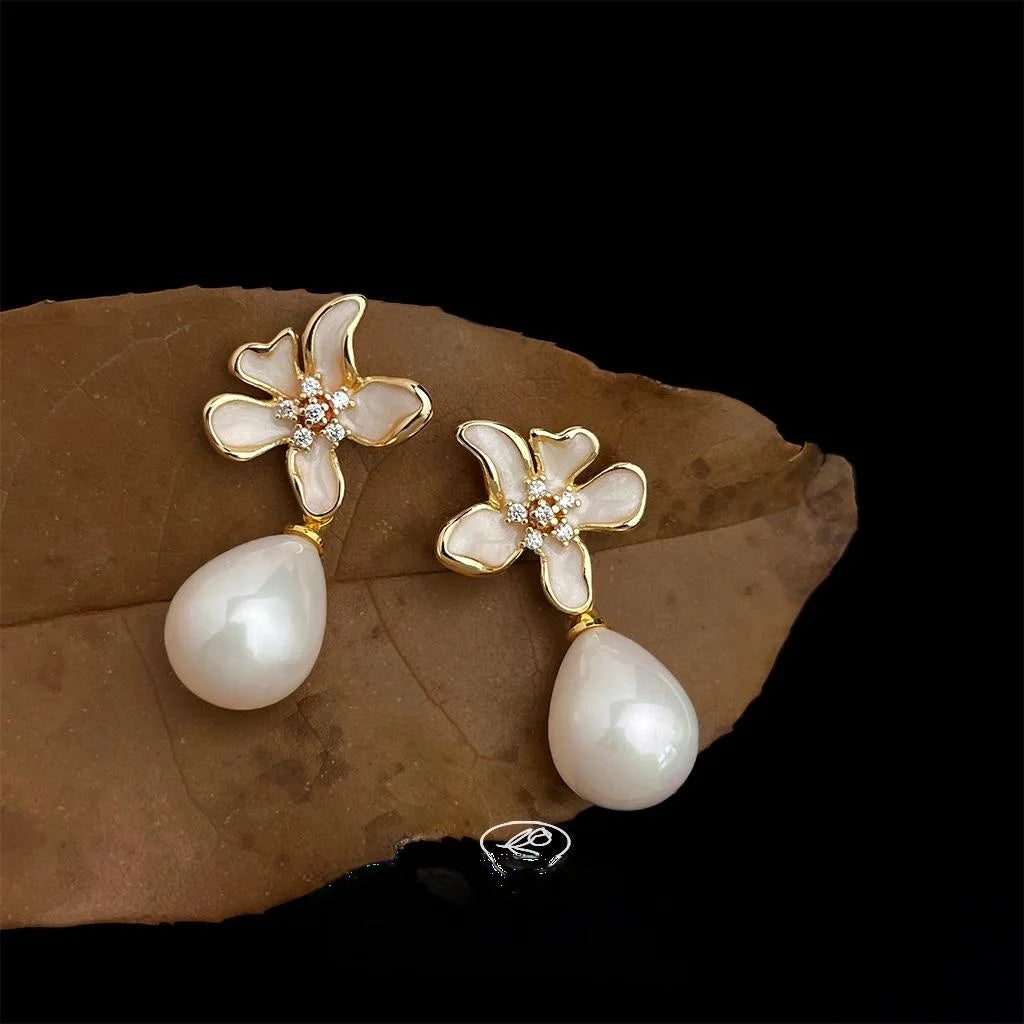 Elegant White Iris Flower Drop Earrings With Zircon Pave, Enamel, 14K Plated Copper And Pearl