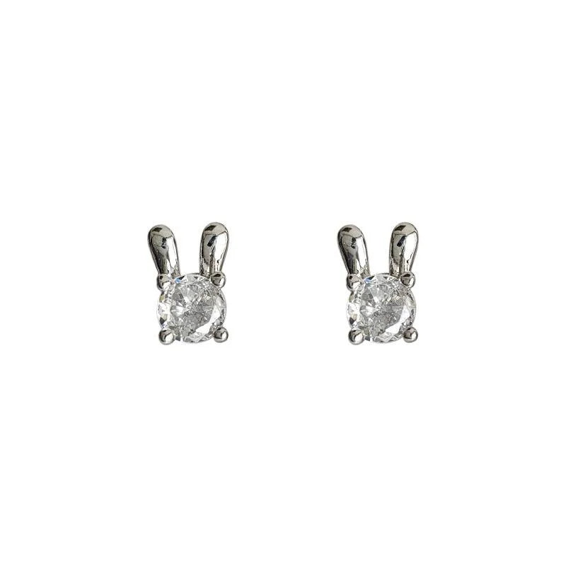 Micro Pave Zircon Mini Rabbit Stud Earrings Silver Tone Copper Minimalist Daily Jewelry
