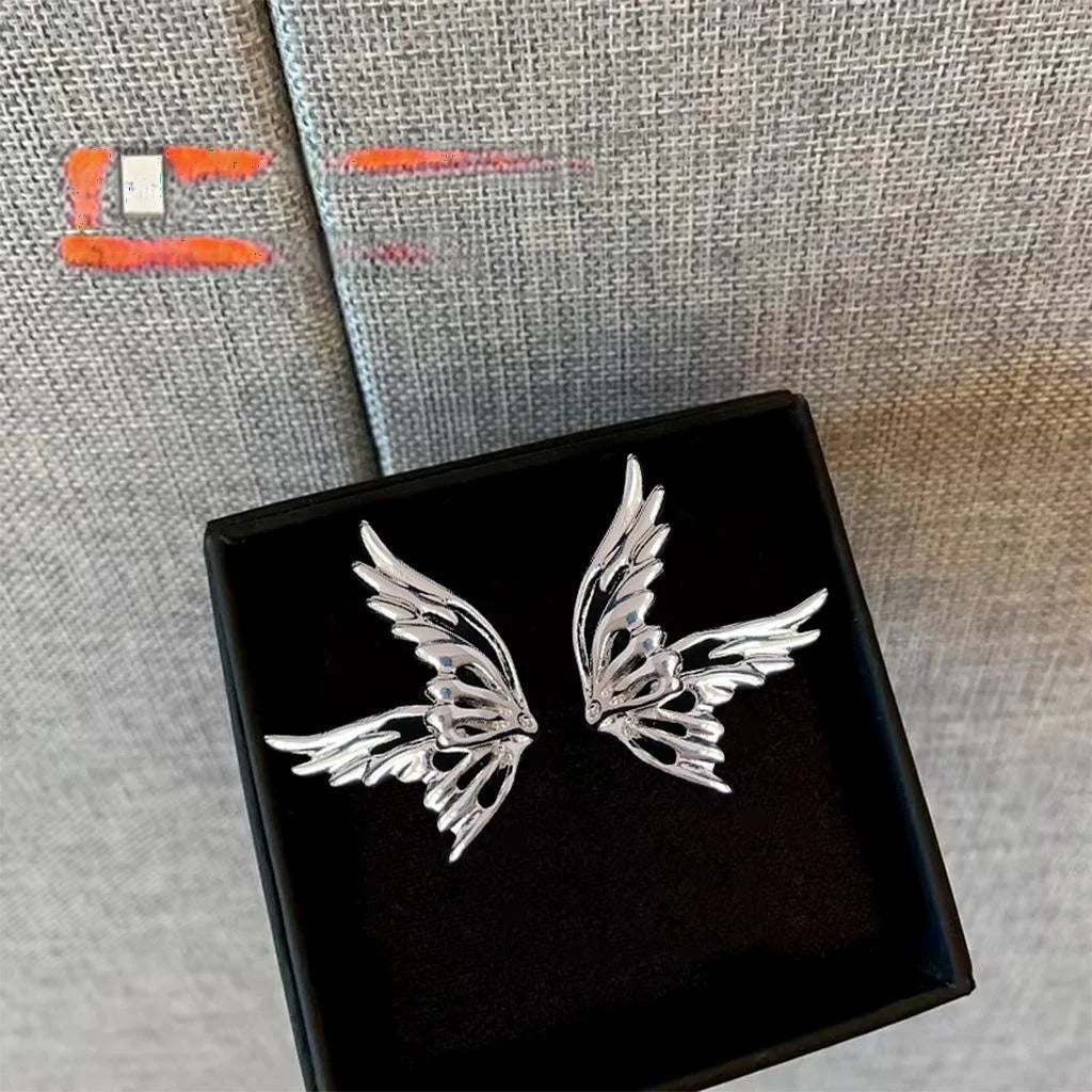 Silver Tone Copper Hollow Elf Wing Butterfly Stud Earrings, Cool Minimalist Fashion Jewelry