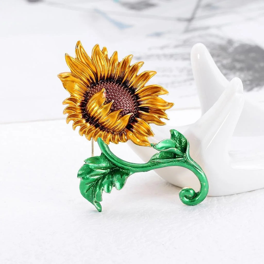Elegant Enamel Alloy Sunflower Flower Brooch With Green Stem, Floral Lapel Pin Corsage Gift