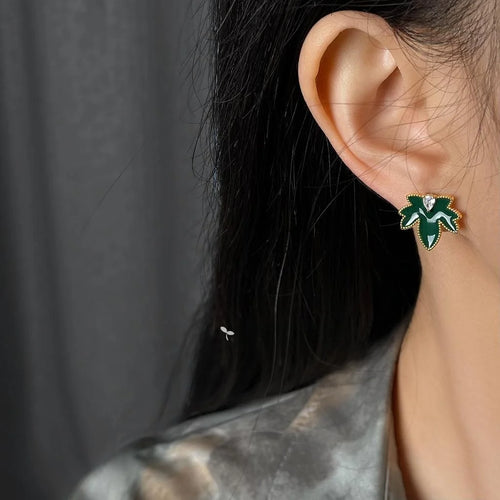 Original Green Enamel Maple Leaf Drop Earrings Copper Zircon Micro Pave Fresh Commute Jewelry