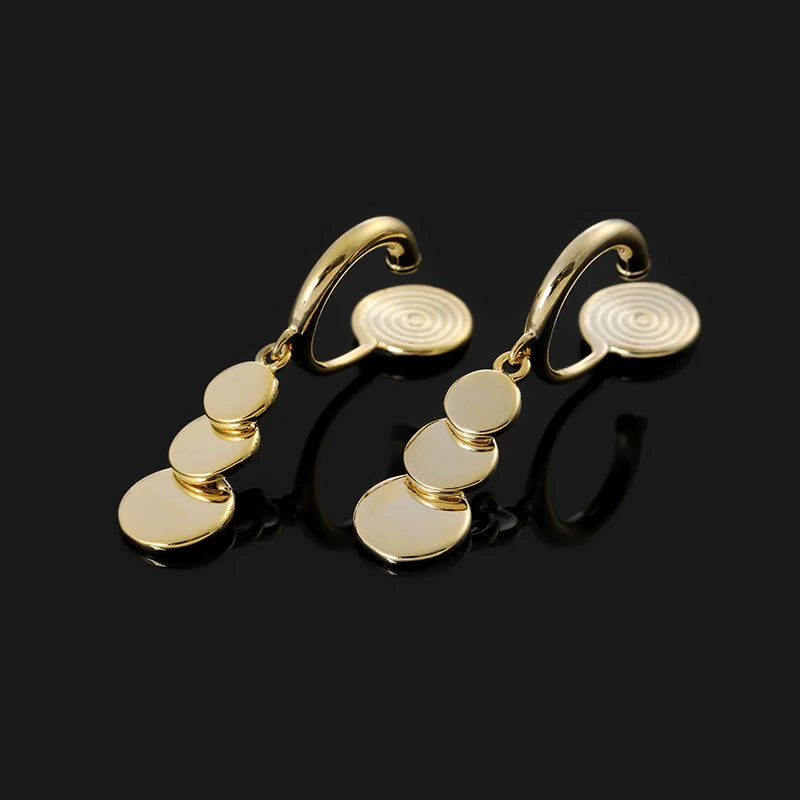 Elegant Gold Alloy Spiral Disc Long Drop Stud & Clip On No Piercing Minimalist Commuter Earrings