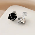 Elegant Black Camellia Flower Enamel Alloy Stud & Clip On No Piercing Minimalist Floral Earrings