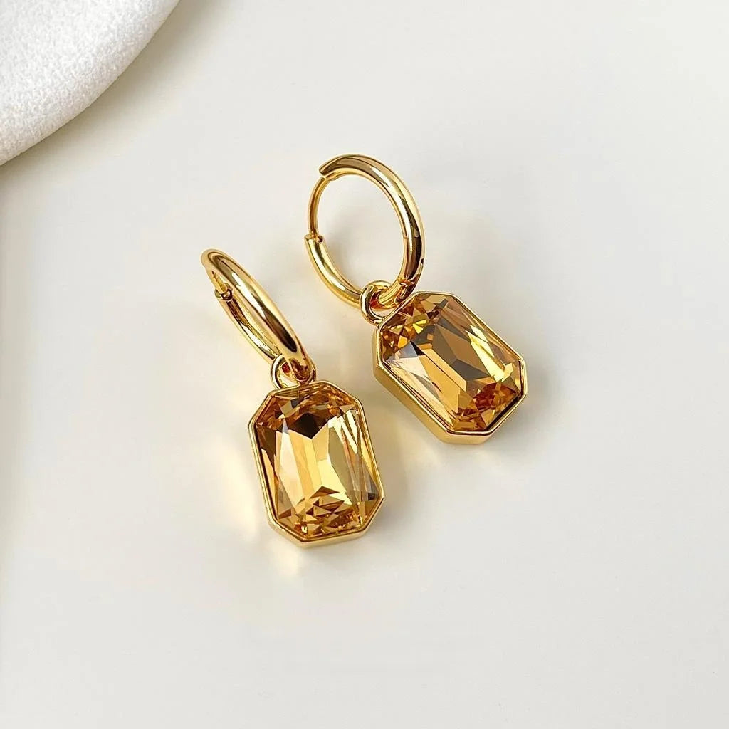 Real Gold Plated Copper Glass Crystal Geometric Drop Earrings Luxury Vintage Square Jewelry