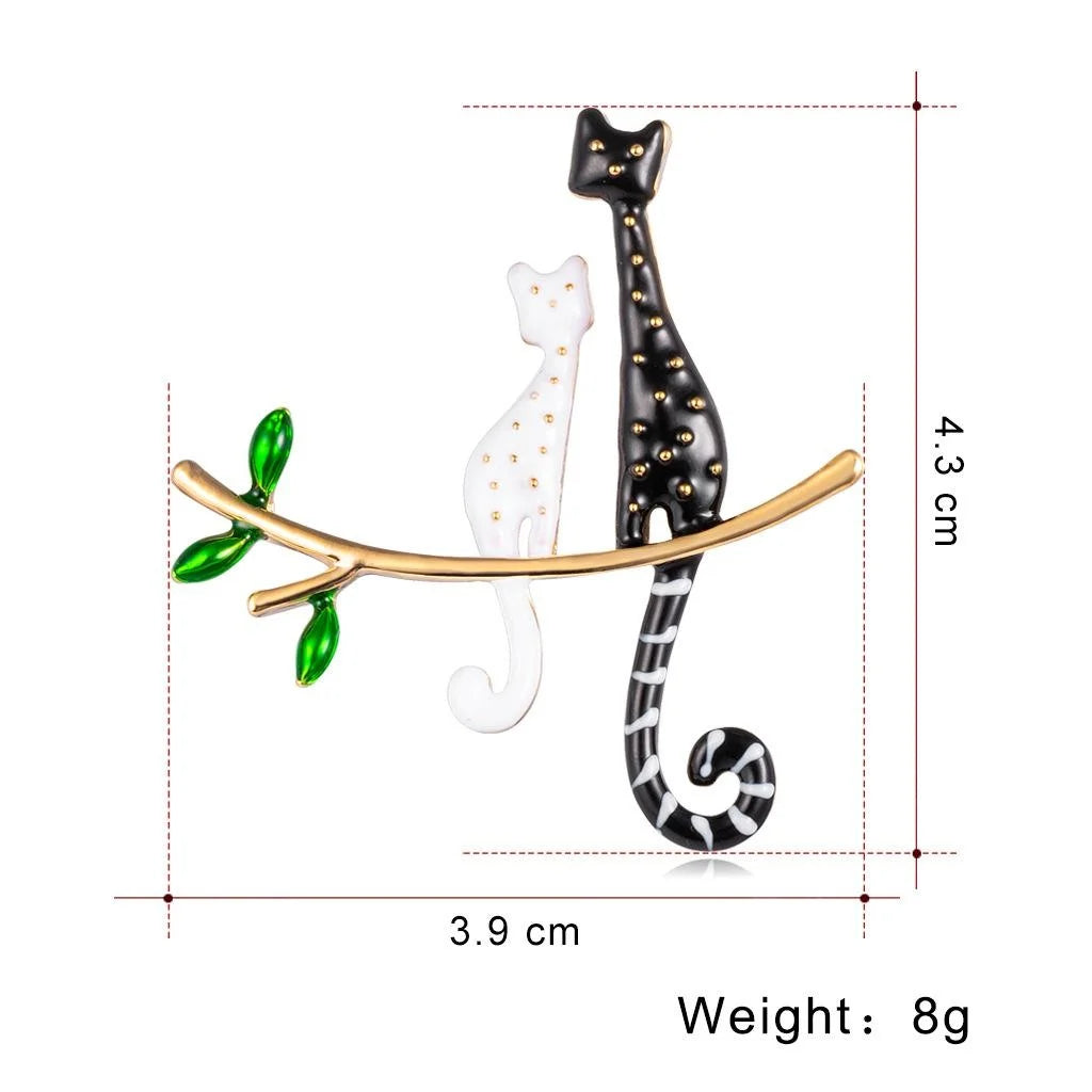 Cute Enamel Two Cats On Golden Branch Brooch For Women, Elegant Animal Lapel Pin Corsage Gift