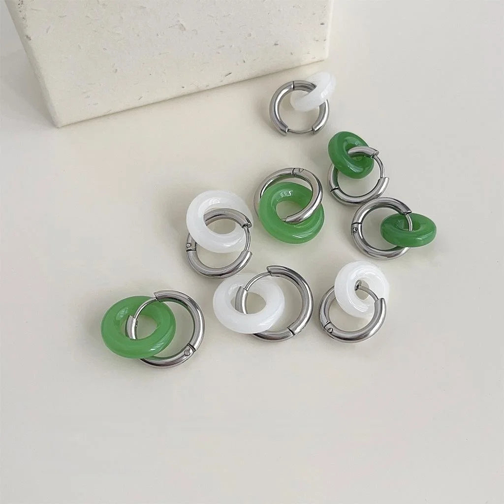 New Chinese Style Handmade Jade Color Glass Peace Buckle Stud Earrings Convertible Ethnic Geometric Ear Cuffs