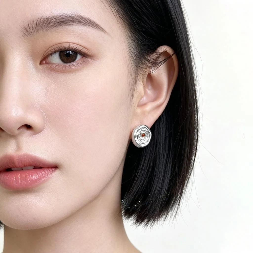 Original Textured New Chinese Matte Silver Plated Copper Zircon Round Stud Earrings