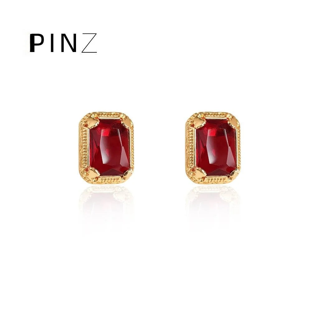 18K Gold Plated Copper Geometric Red Glass Crystal Drop Earrings Luxury Style