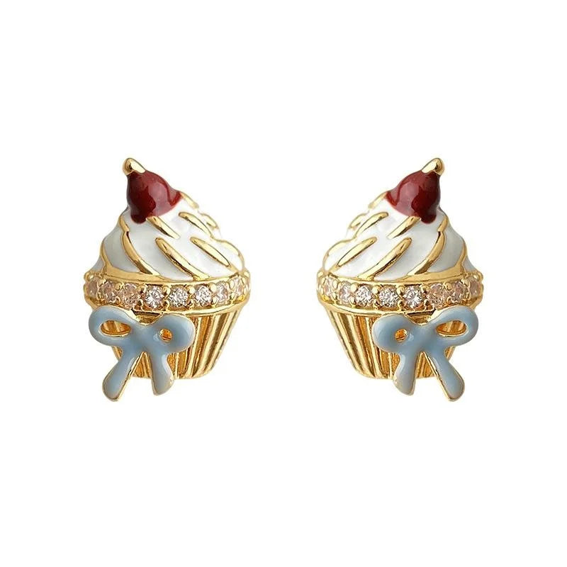 Cute Childlike Hand Painted Ice Cream Cake Copper Zircon Stud Earrings For Women