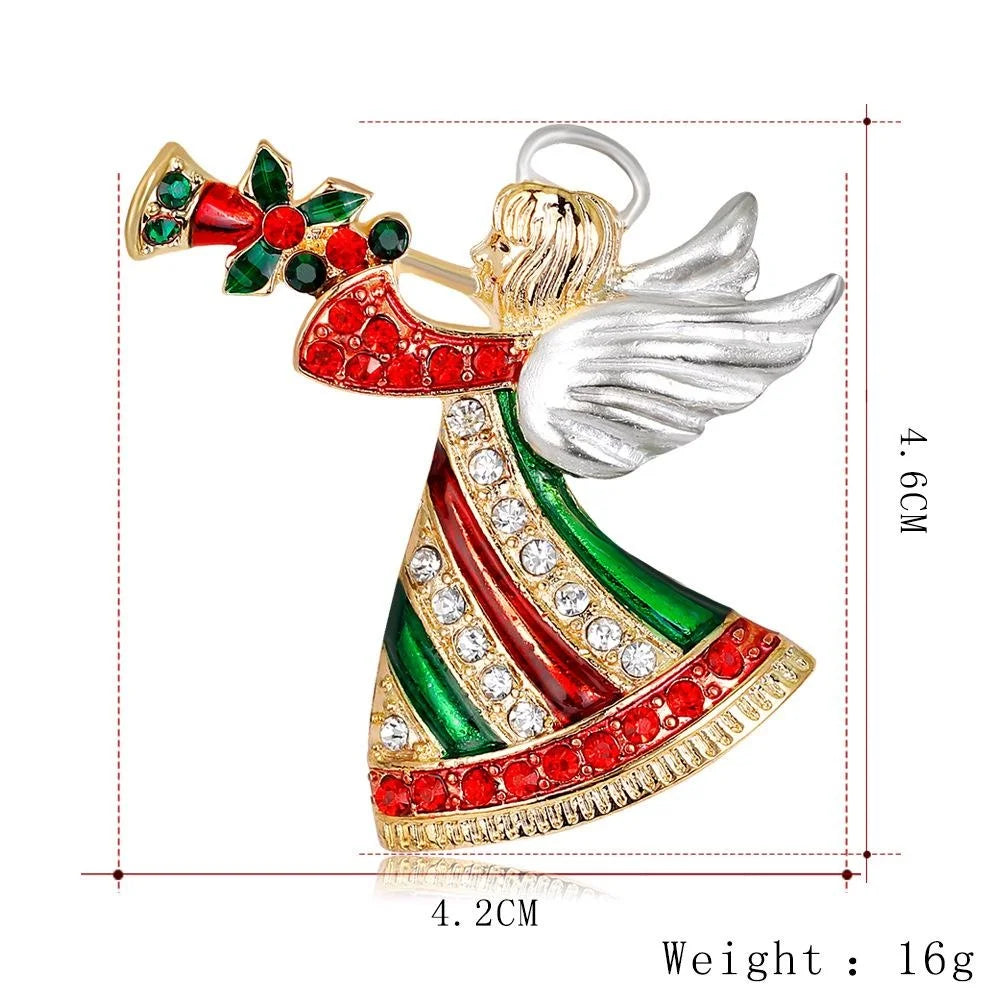 Luxury Christmas Angel Blowing Trumpet Alloy Enamel Rhinestone Brooch, Elegant Lapel Pin Corsage Gift