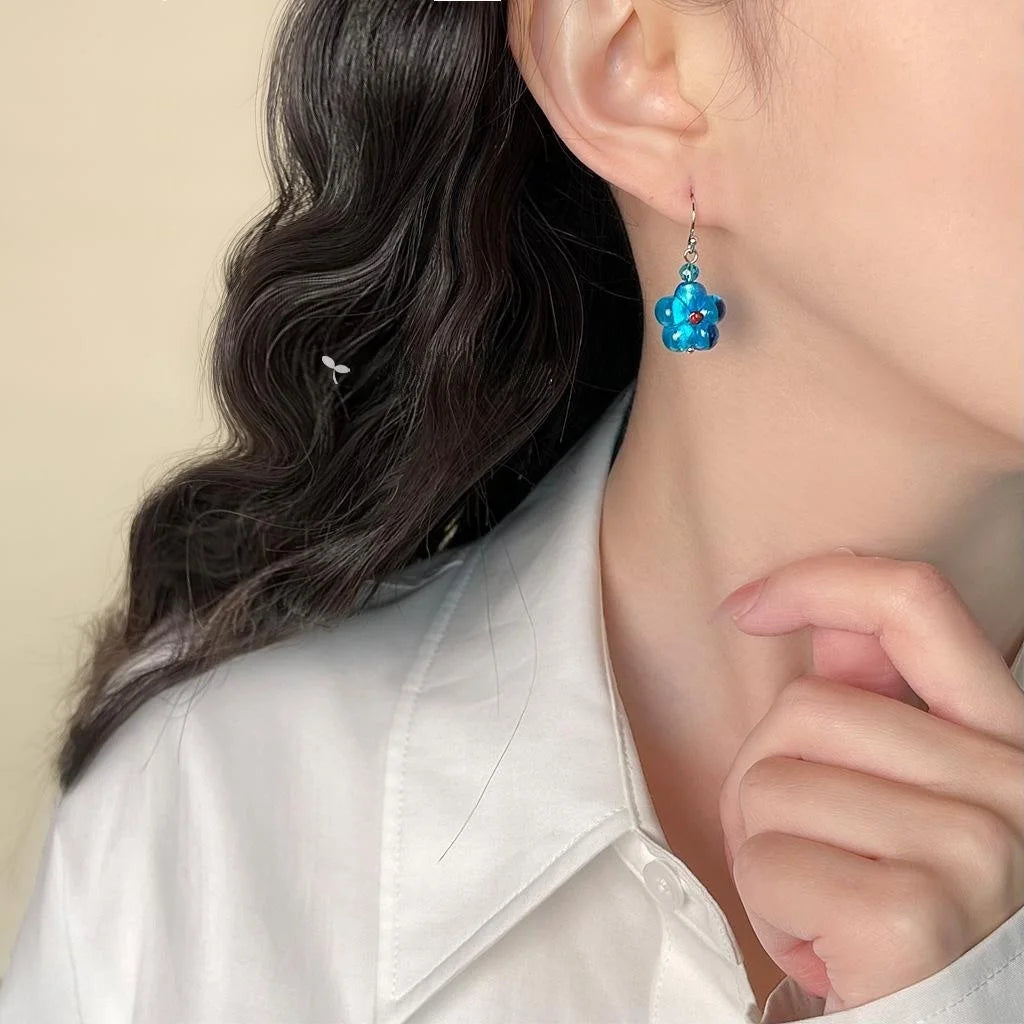 Handmade Blue Floral Geometric Copper Drop Earrings Fresh Vacation Style For Women