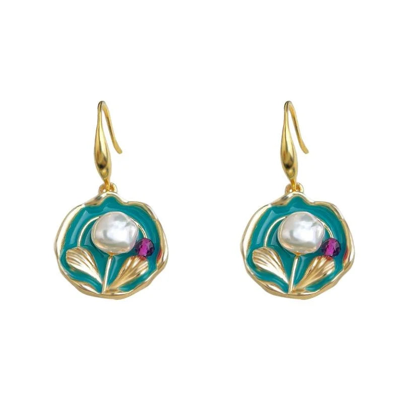 Copper Baroque Irregular Freshwater Pearl Hand Painted Floral Ethnic Vintage Drop Earrings