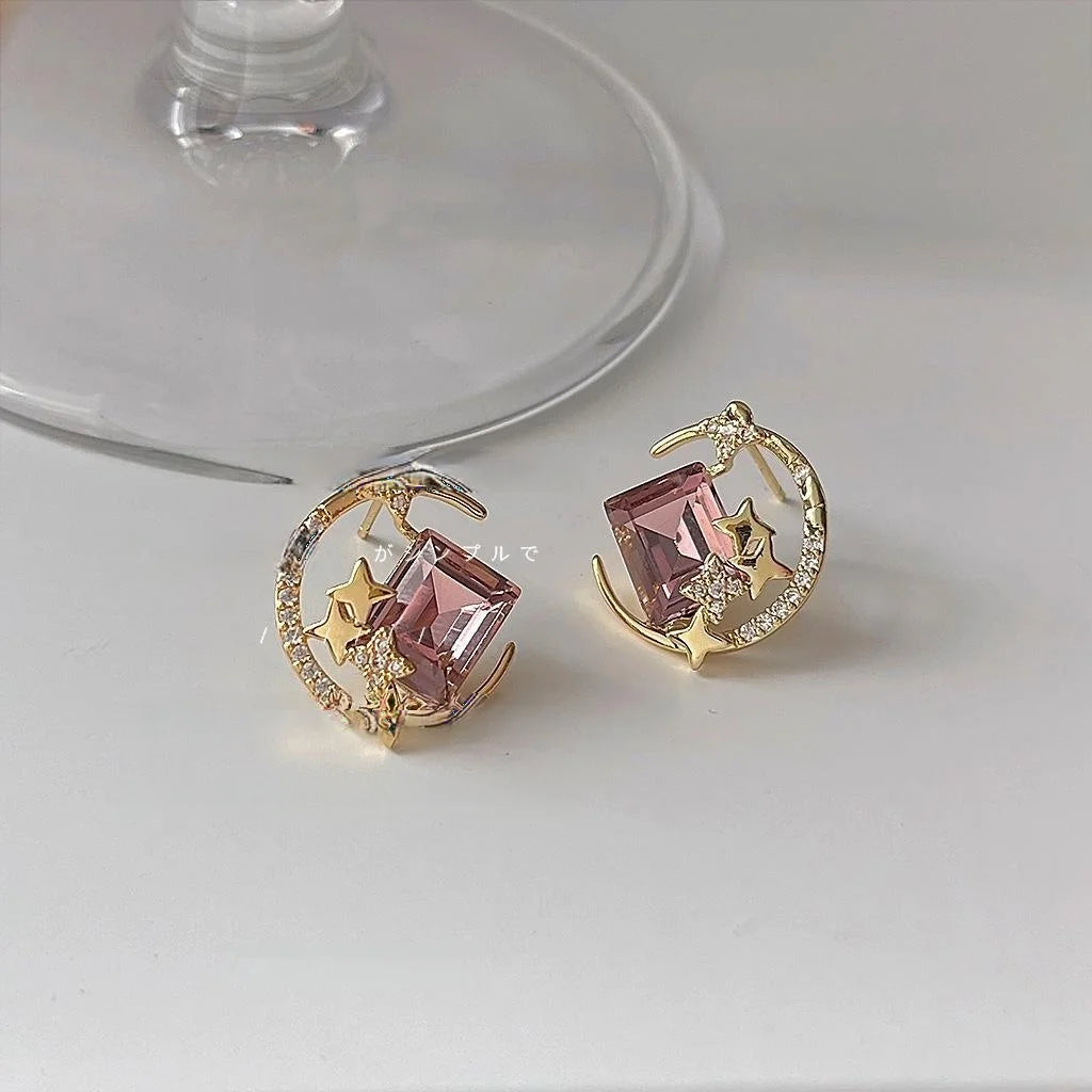 Light Luxury Copper Zircon Moon Star Glass Crystal Drop Earrings For Women