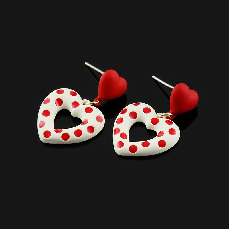 Vintage Red Polka Dot Heart Enamel Alloy Stud & Clip On No Piercing Sweet Dangle Earrings