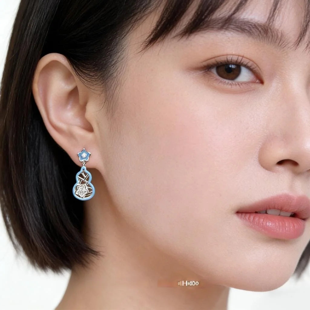 Original Designer Blue Enamel Gourd Flower Copper Zircon Drop Earrings Sweet Elegant Women's Jewelry