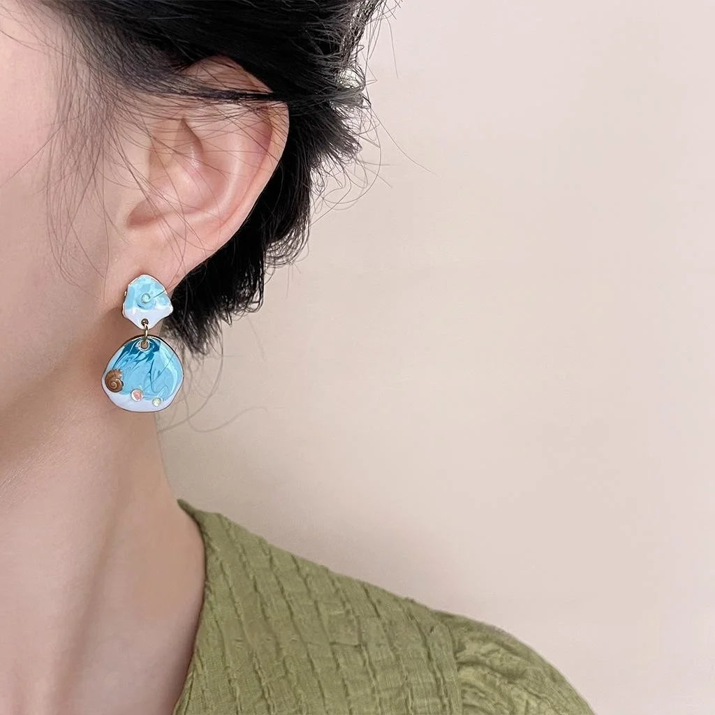 Blue Ocean Handmade Drip Glaze Copper Drop Earrings Irregular Geometric Resort Style Jewelry