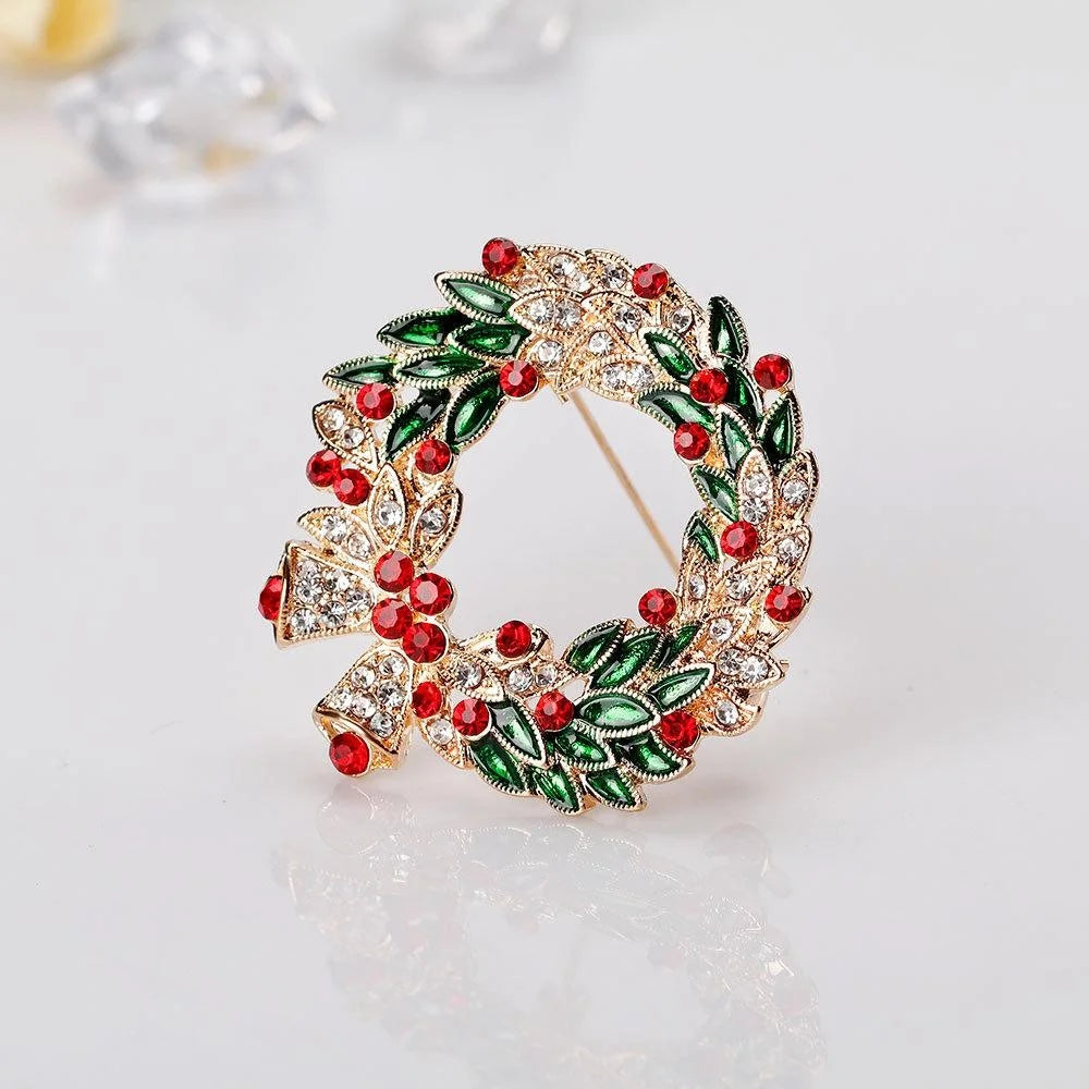 Elegant Christmas Wreath Brooch With Enamel Leaves And Rhinestones, Festive Lapel Pin Corsage Gift