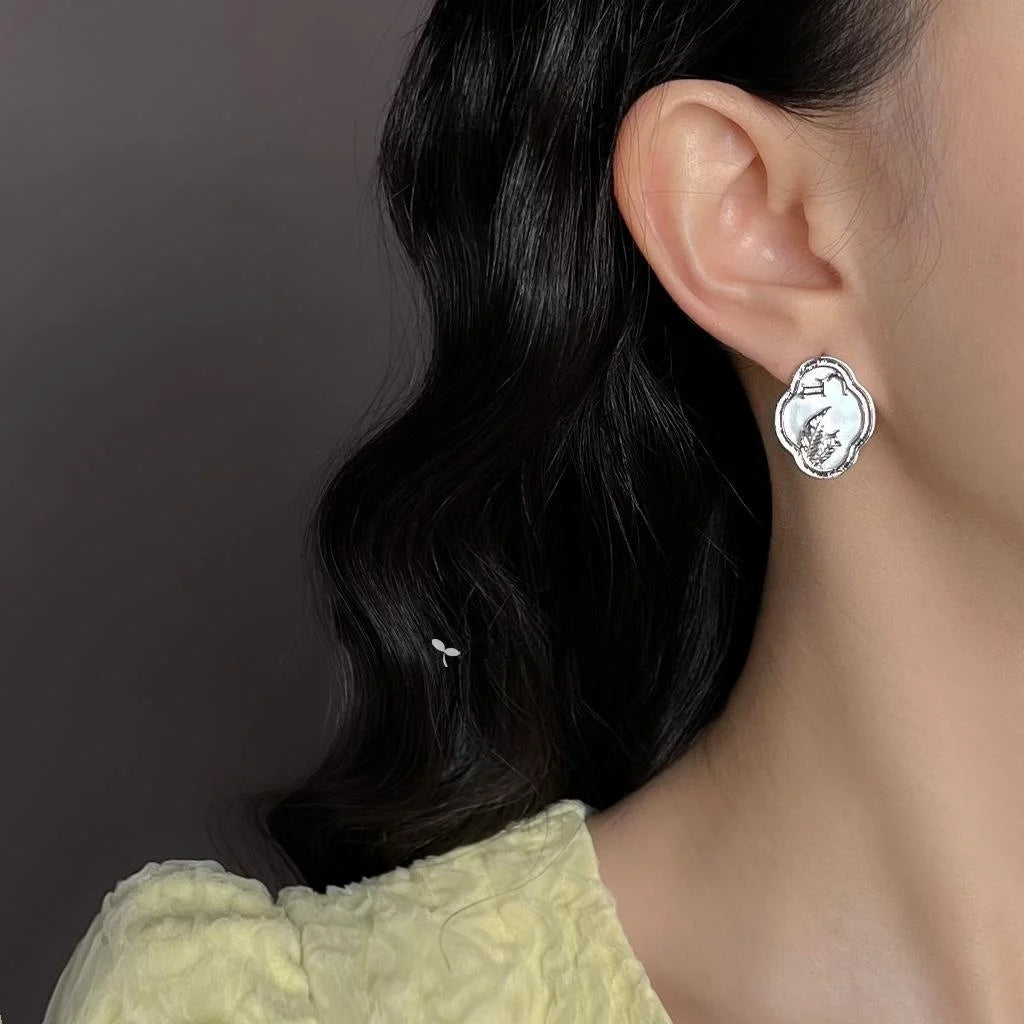 New Chinese Style Shell Leaf Geometric Window Lattice Drop Earrings With Silver Plated Pins