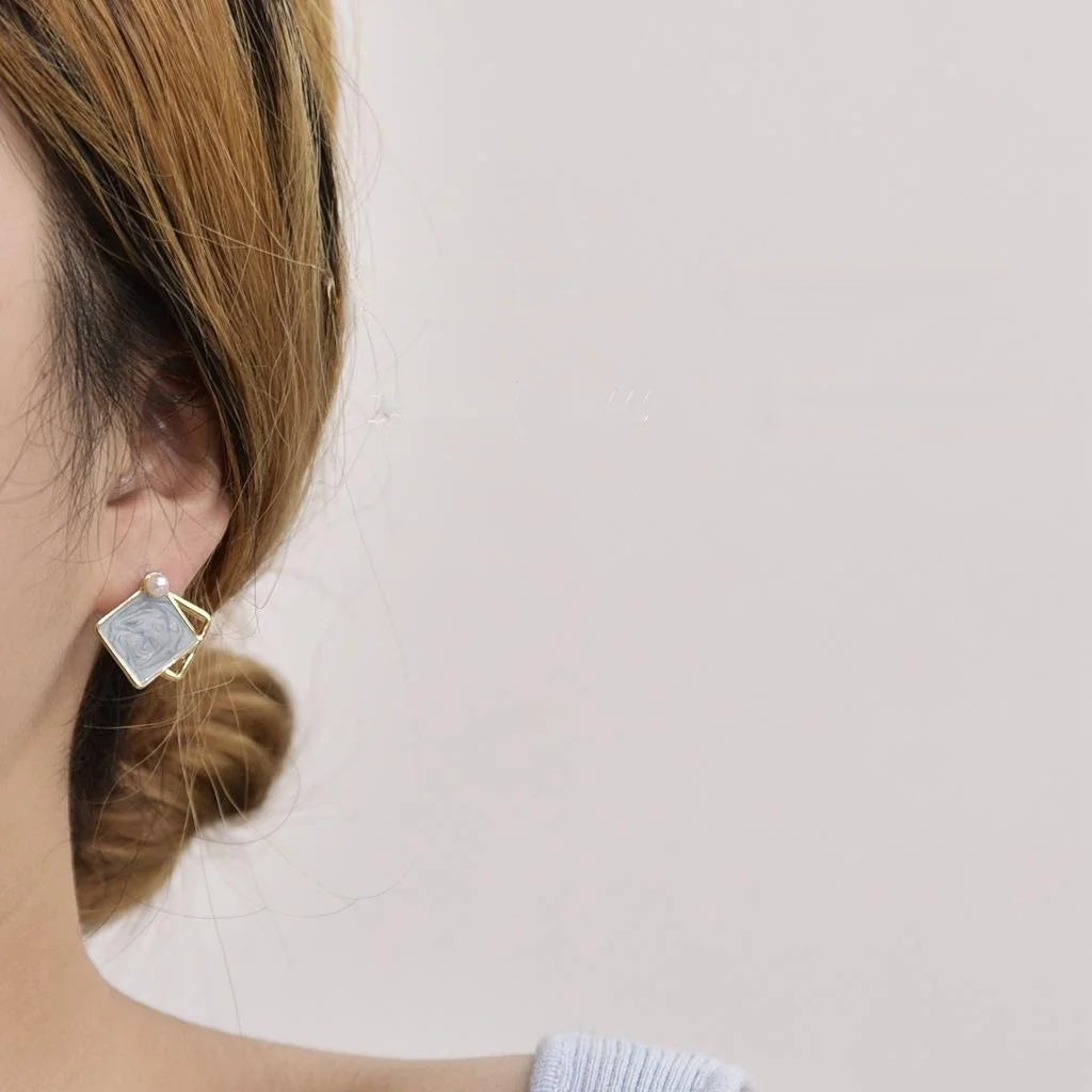 14K Plated Alloy Blue Enamel Asymmetric Square Stud Earrings Vintage Hong Kong Style