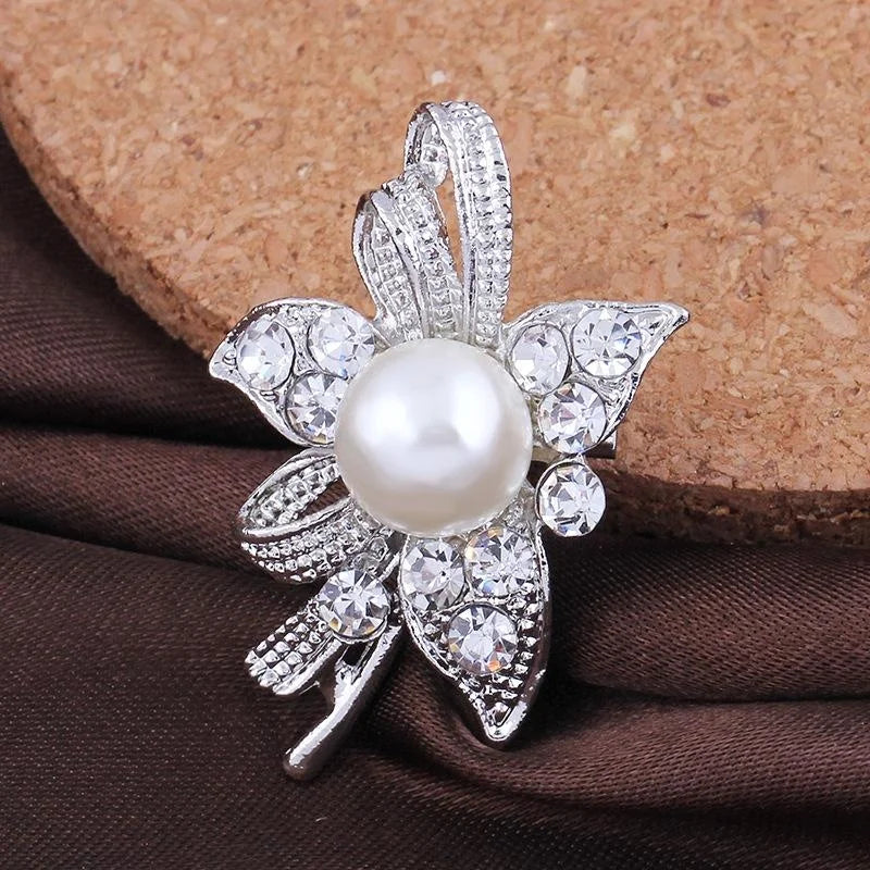 Elegant Pearl Flower Brooch With Rhinestone Alloy Petals, Bridal Corsage Lapel Pin And Suit Accessory Gift