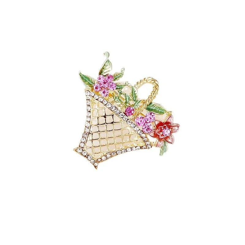 Elegant Hollow Flower Basket Brooch With Enamel Leaves And Rhinestones, Women's Lapel Pin Gift