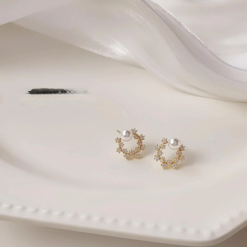 14K Gold Plated Copper Flower Stud Earrings For Women Micro Pave Zircon Hollow Minimalist Jewelry