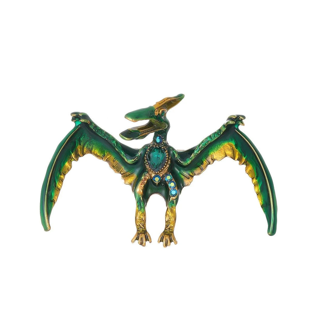 Vintage Green Enamel Flying Dragon Brooch With Rhinestones, Cute Pterosaur Lapel Pin Suit Accessory Gift