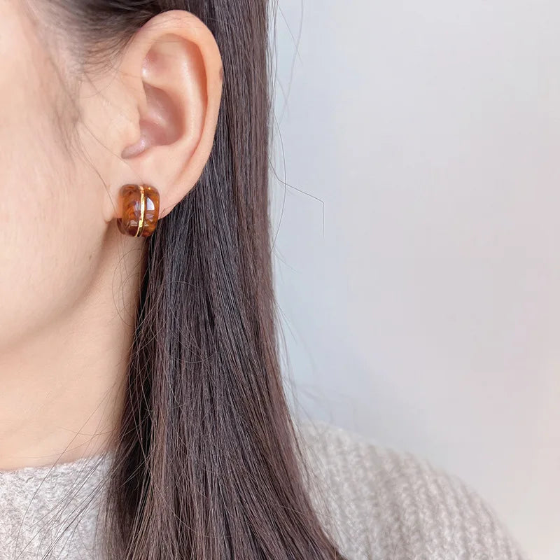 Vintage Amber Resin C-Shaped Spiral Hoop Stud & Clip On No Piercing Women's Fashion Earrings