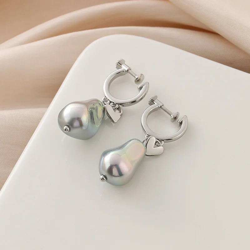 Elegant Grey Faux Baroque Pearl Heart Dangle Stud & Clip On No Piercing Alloy Hoop Earrings