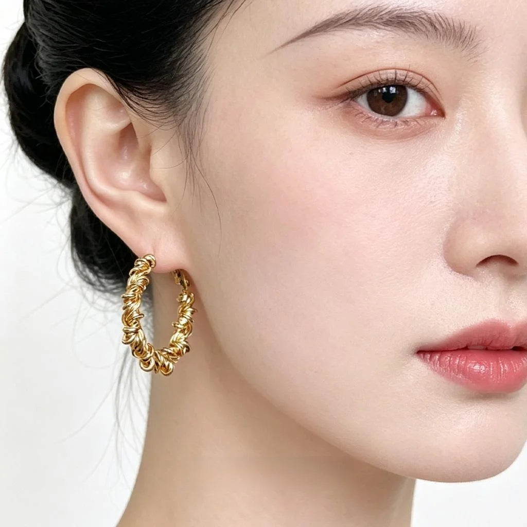 14K Gold Plated Eco Copper Lace Round Geometric Hoop Earrings For Chic Commuter Style