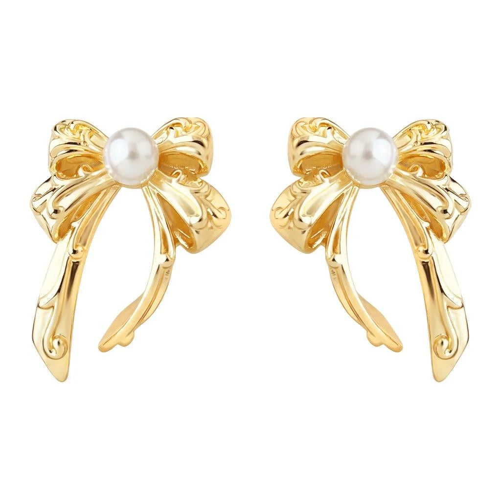 Elegant Copper Pearl Bow Stud Earrings, Sweet Minimalist Designer Office Jewelry
