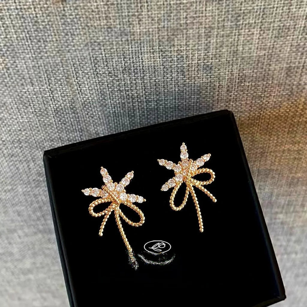 French Vintage Copper Bowknot Micro Pave Zircon Stud Earrings For Women