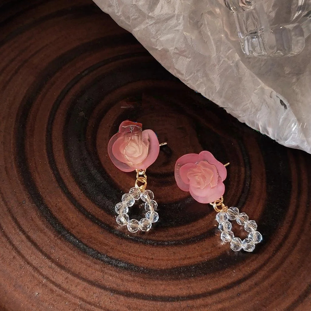Handmade Glass Crystal Pink Rose Stud Earrings French Vintage Beaded Vacation Style Jewelry