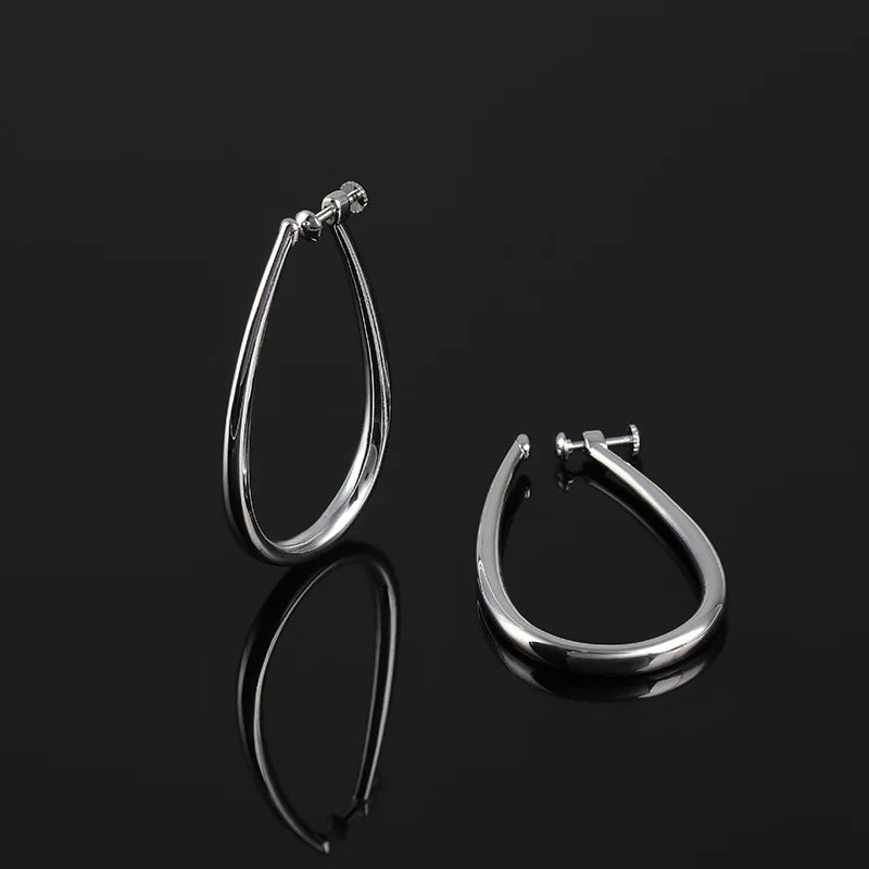 Elegant Silver Alloy Teardrop Hoop Stud & Clip On No Piercing Minimalist Statement Earrings