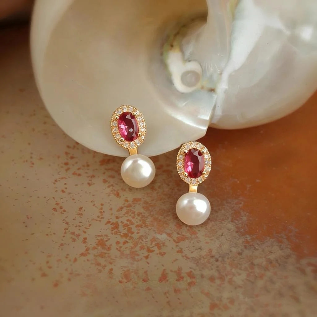 Geometric Freshwater Pearl Zircon Copper Drop Earrings For Women