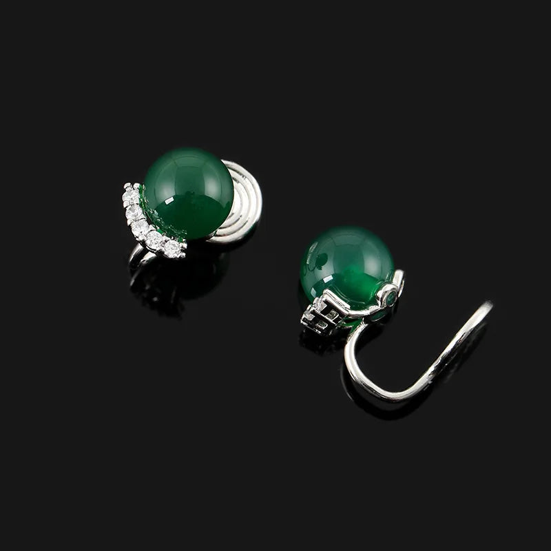 Vintage Chinese Style Green Agate Round Bead Rhinestone Spiral Stud & Clip On No Piercing Earrings