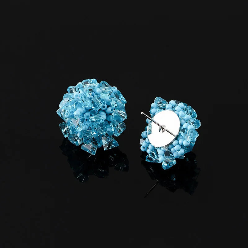 Elegant Blue Crystal Beaded Flower Stud & Clip On No Piercing Handmade Summer Statement Earrings