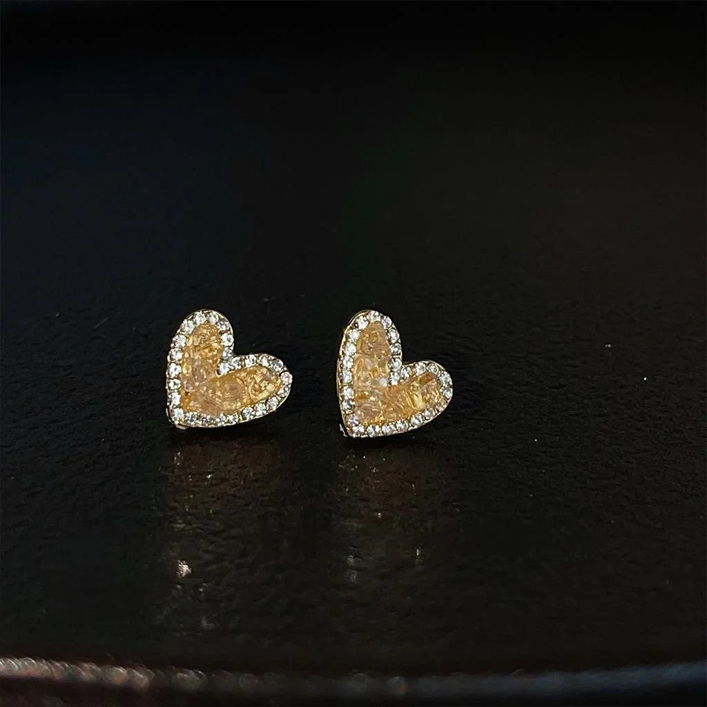Sweet Mini Heart Stud Earrings With Handmade Sunset Orange Glass Crystal Inlay