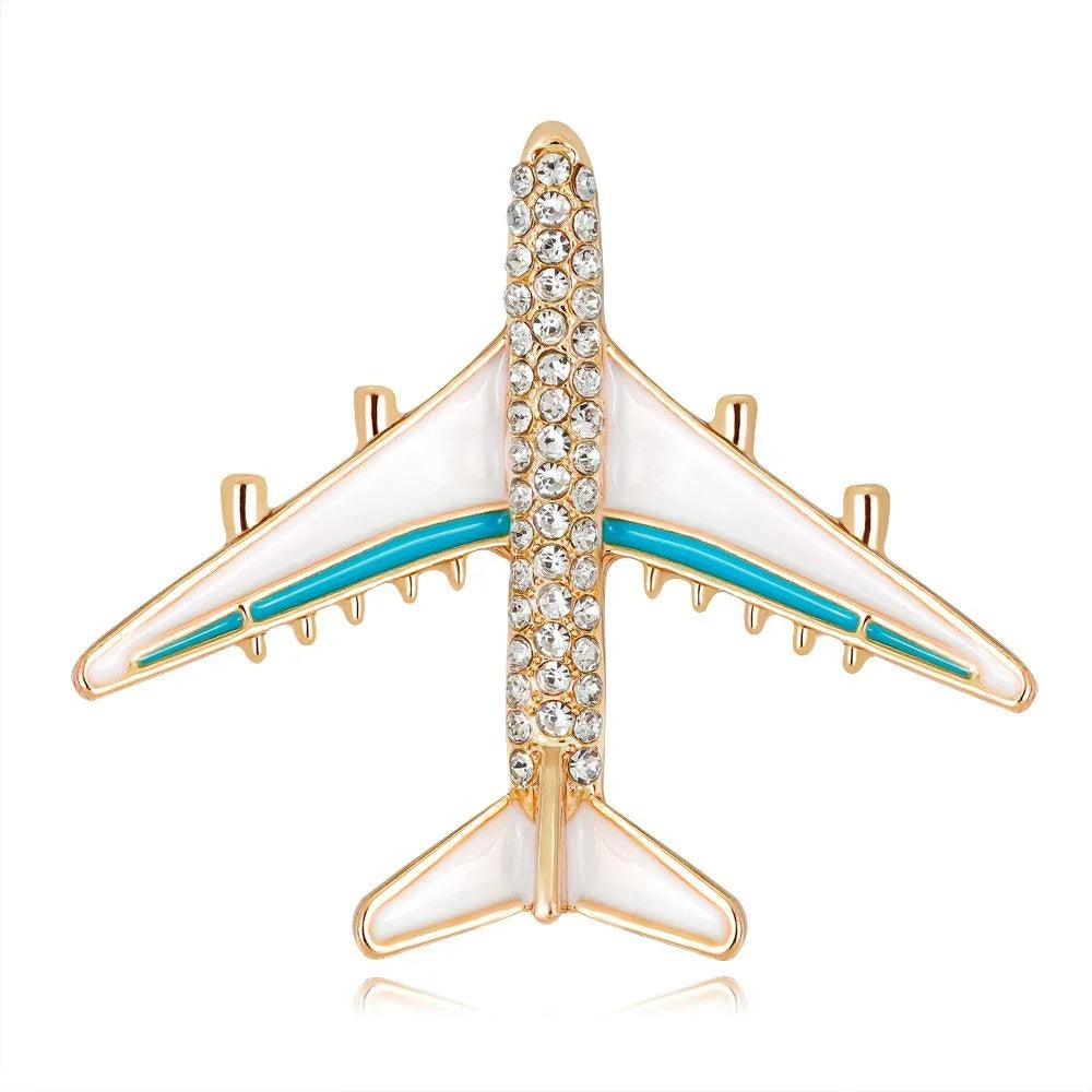 Elegant Airplane Brooch With Rhinestone Alloy Enamel Inlay, Luxury Lapel Pin Corsage Suit Accessory