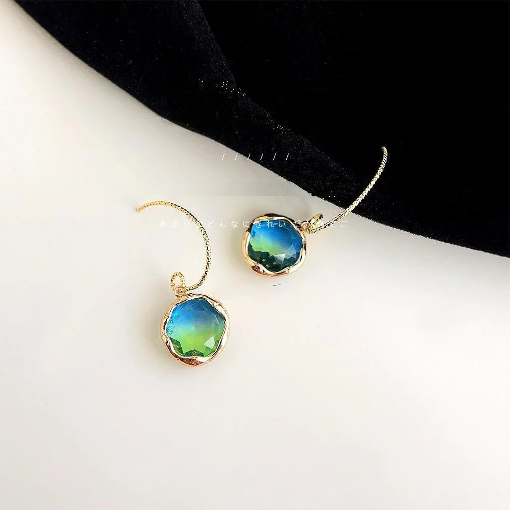 French Vintage Gradient Glass Crystal Geometric Round Copper Drop Earrings