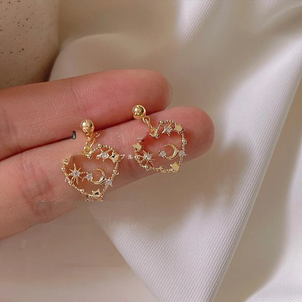 Vintage Silver Plated Copper Heart Star Moon Micro Pave Zircon Stud Earrings