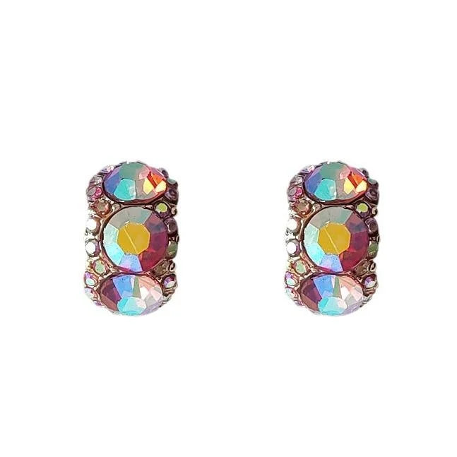 14K Gold Plated Copper Geometric Ring Line Glass Rhinestone Rose Red Stud Earrings