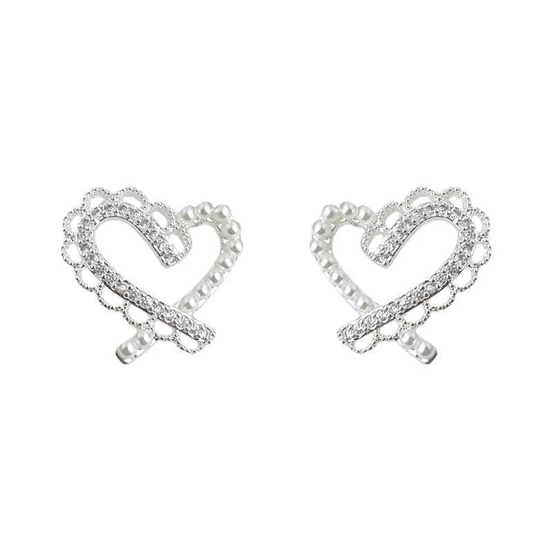 Copper Zircon Pearl Heart Lace Stud Earrings, Sweet Fairy Style Jewelry