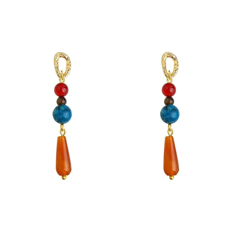 Vintage Ethnic Copper Red Agate Tiger Eye Geometric Tassel Drop Earrings