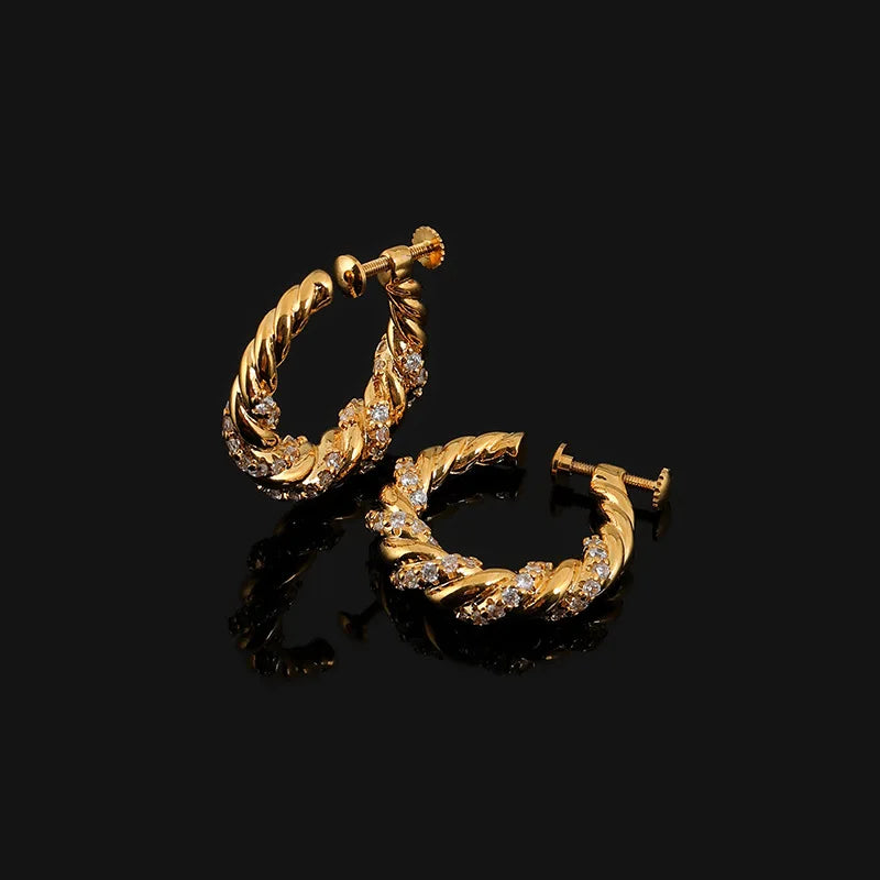Luxury Gold Tone Twisted Hoop Zircon Alloy Stud & Clip On No Piercing Spiral Huggie Circle Earrings