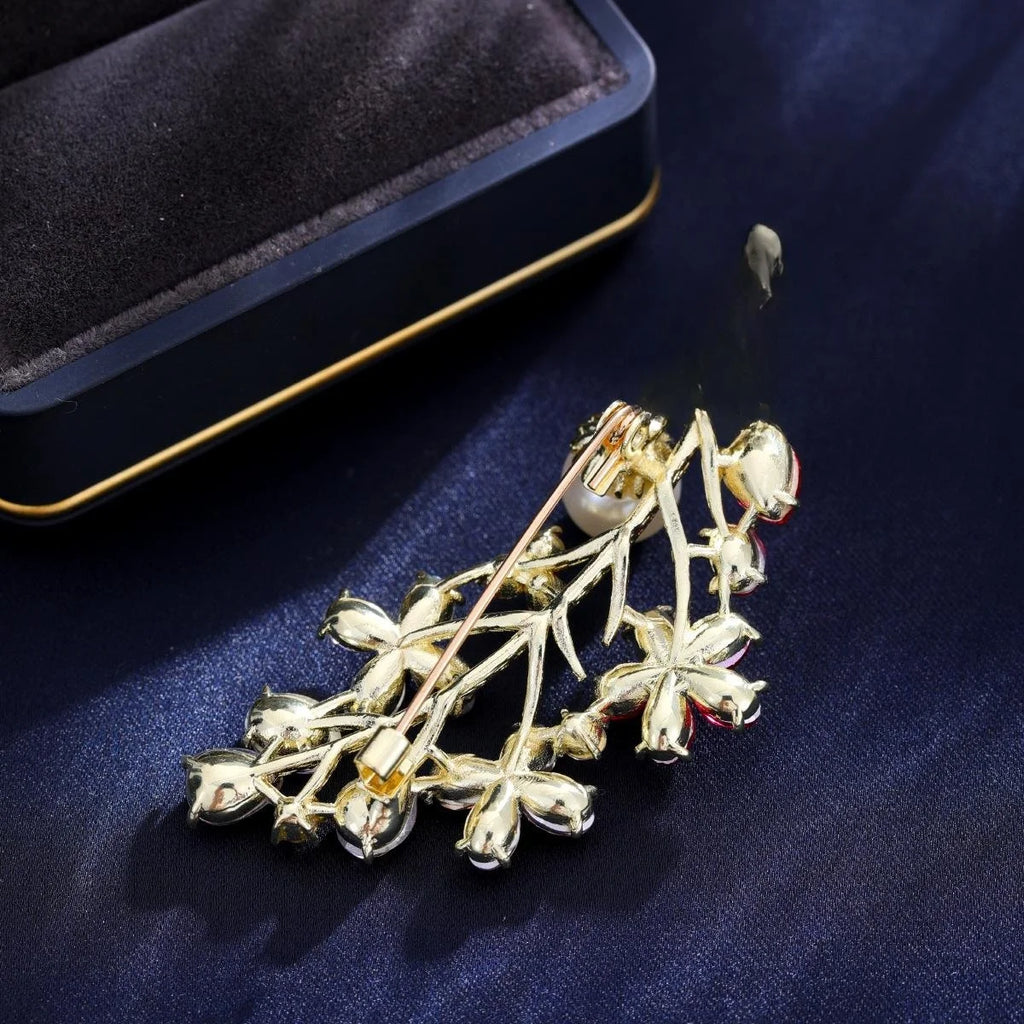 Elegant Colorful Flower Branch Brooch With Pearl Rhinestone Alloy Leaves, Women's Lapel Pin Corsage Gift
