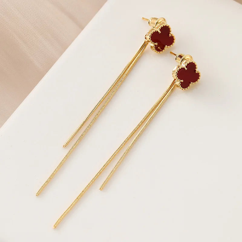 Elegant Red Enamel Lucky Clover Gold Chain Tassel Alloy Stud & Clip On No Piercing Drop Earrings
