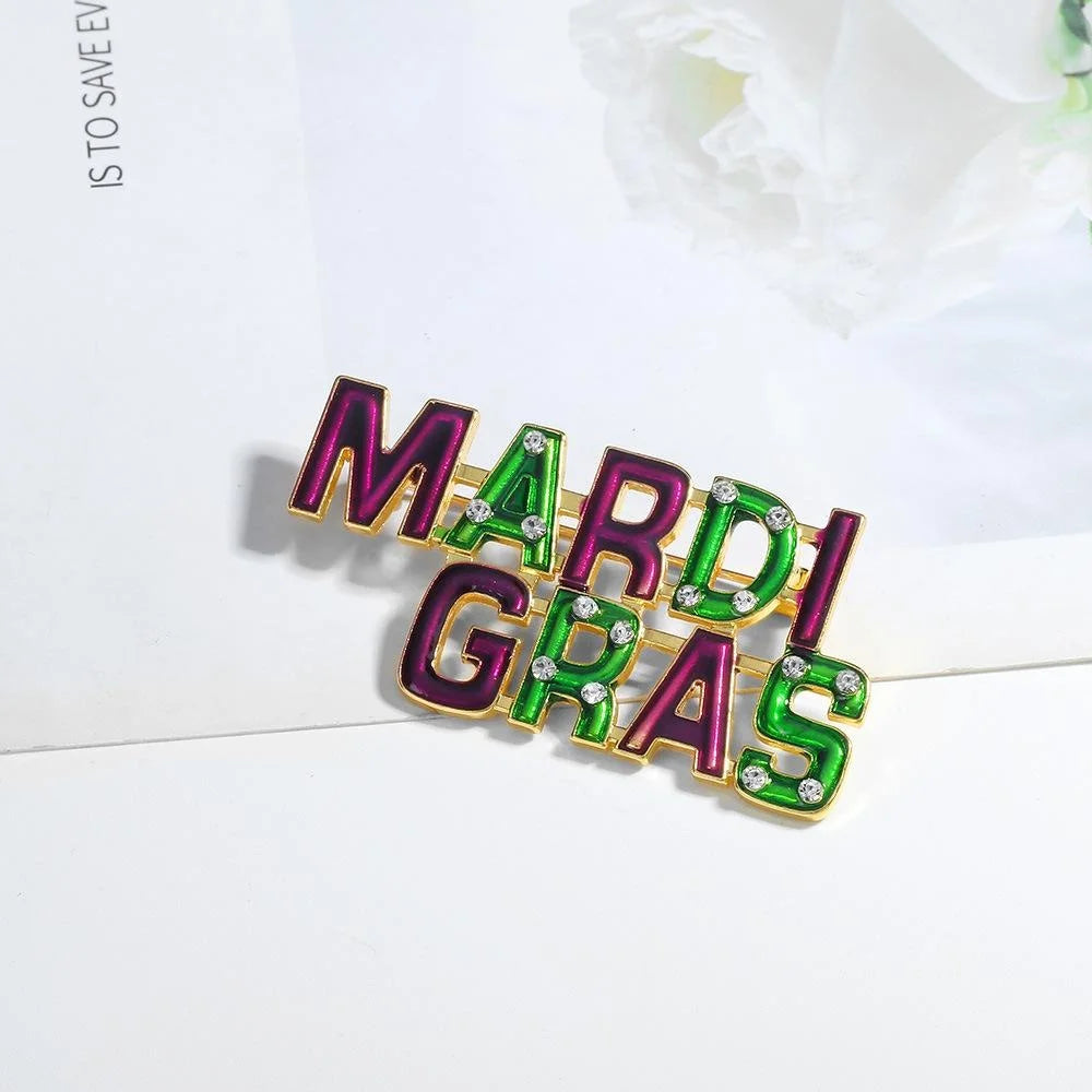 Vintage Mardi Gras Letter Alloy Enamel Rhinestone Brooch, Elegant Carnival Lapel Pin Suit Accessory