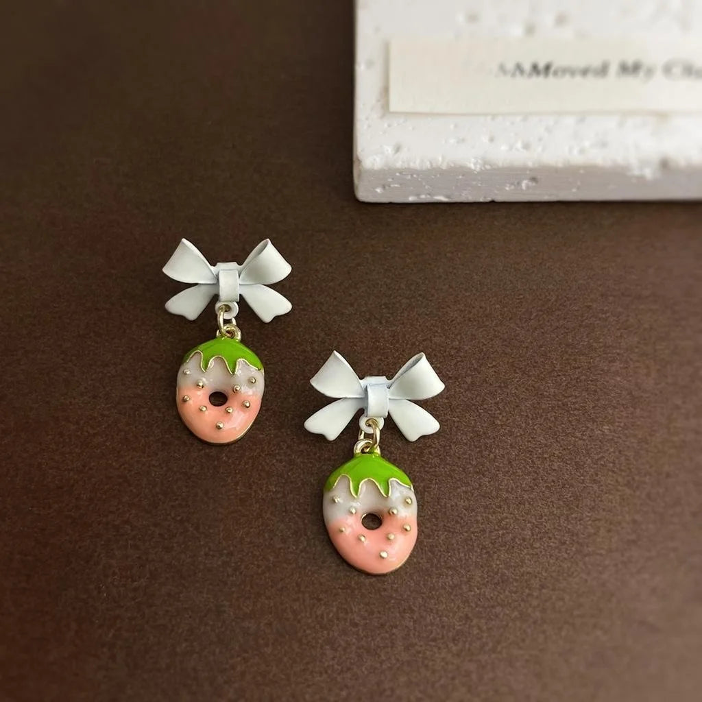 Sweet Strawberry Bow Drop Earrings Copper Summer Cute Jewelry
